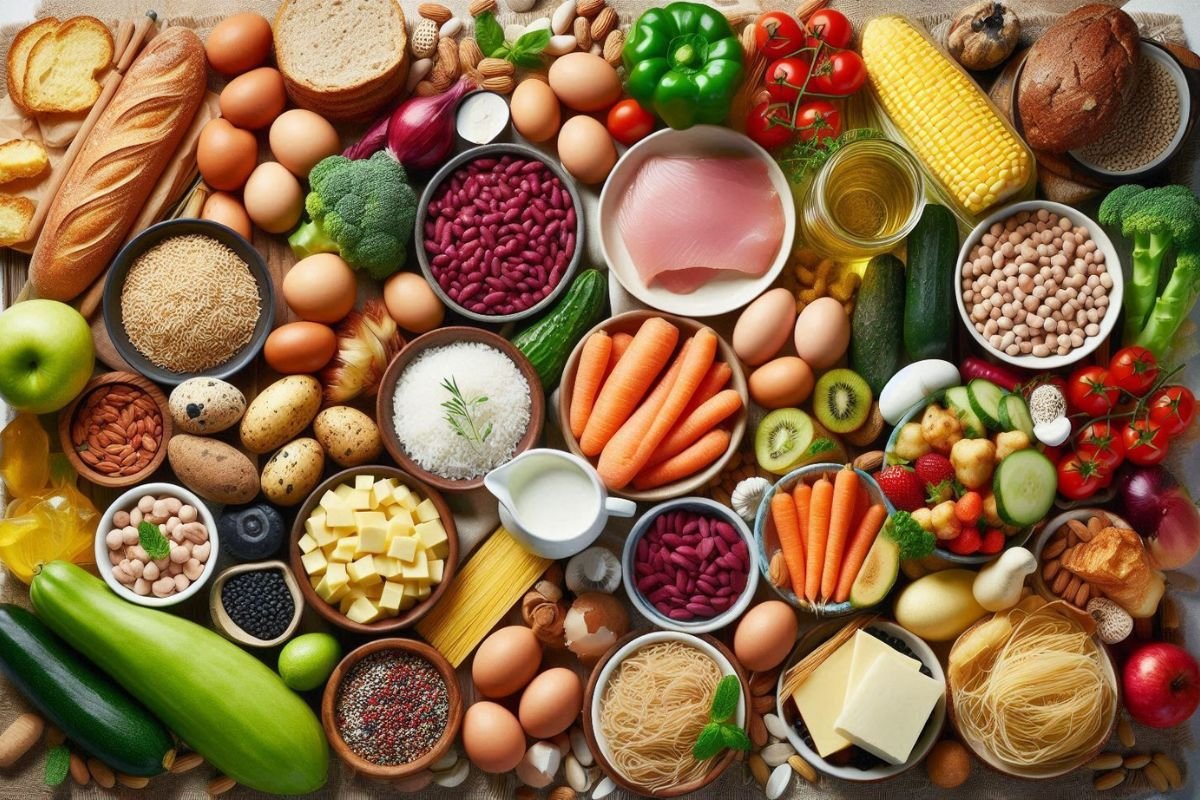 Balanced Diet A top view of a wide assortment of healthy foods, including bread, eggs, vegetables, fruits, beans, grains, and dairy products, arranged neatly on a table.