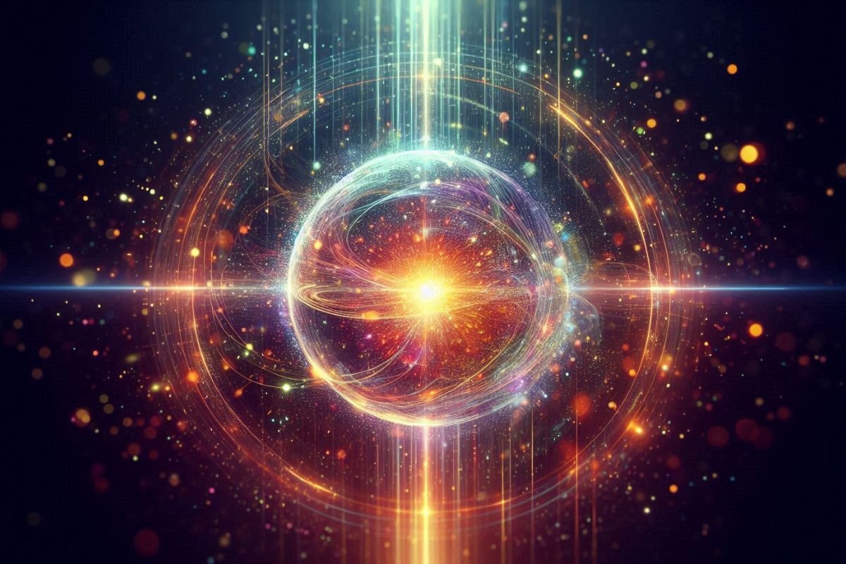 Life Force A glowing, swirling energy sphere in a cosmic setting, with radiant light beams and colourful particles around it, representing life force.