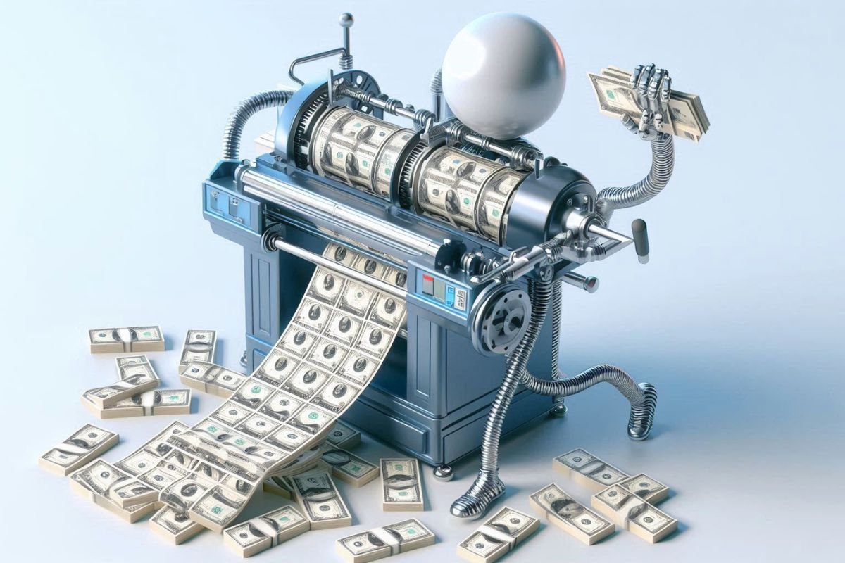 Automated Money Machine A robotic machine printing large stacks of money, with numerous bills spread around the machine.