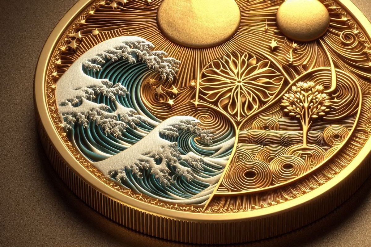Universal Energy Currency A gold coin with intricate designs, featuring a wave, tree, and celestial motifs including the sun and stars.