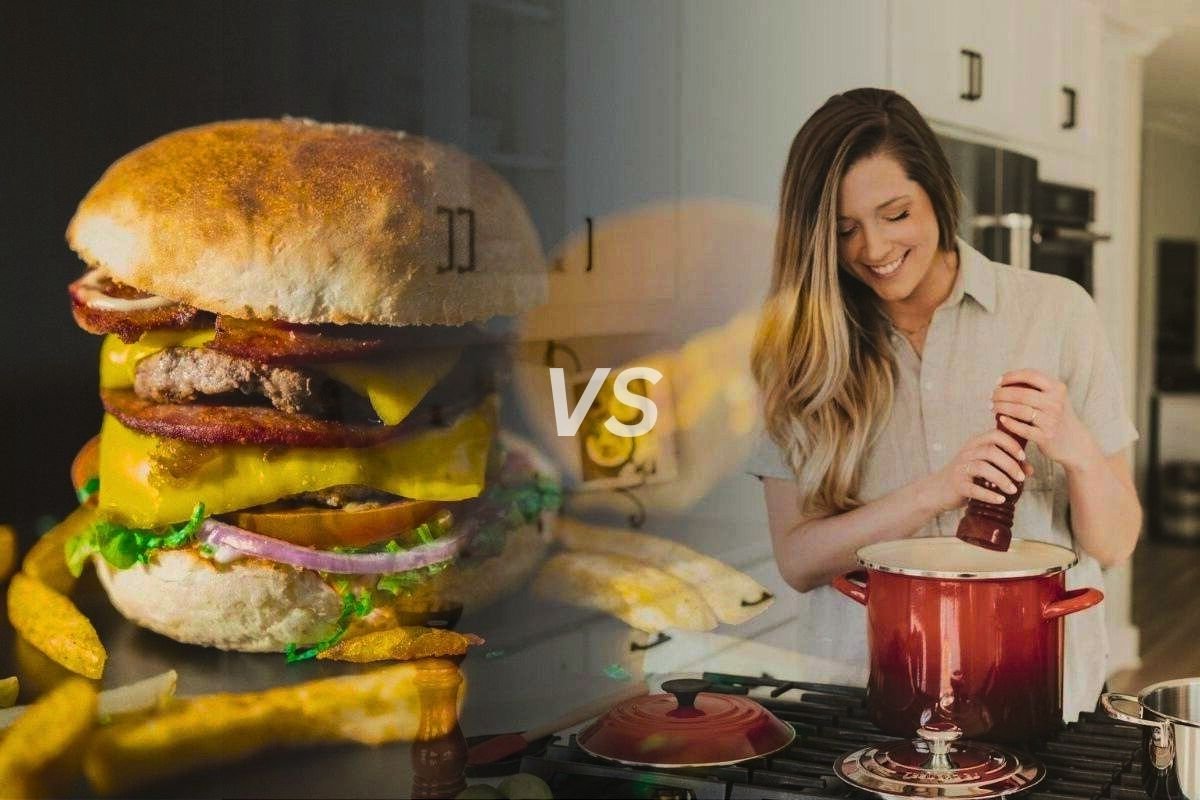 Ultra Processed Food vs Home Cooking A split image showing a large fast-food burger on one side and a woman cooking a meal at home on the other side, with a "VS" in the center.