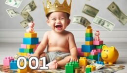 A happy baby wearing a golden crown, surrounded by colourful building blocks, coins, and dollar bills, representing wealth and abundance.