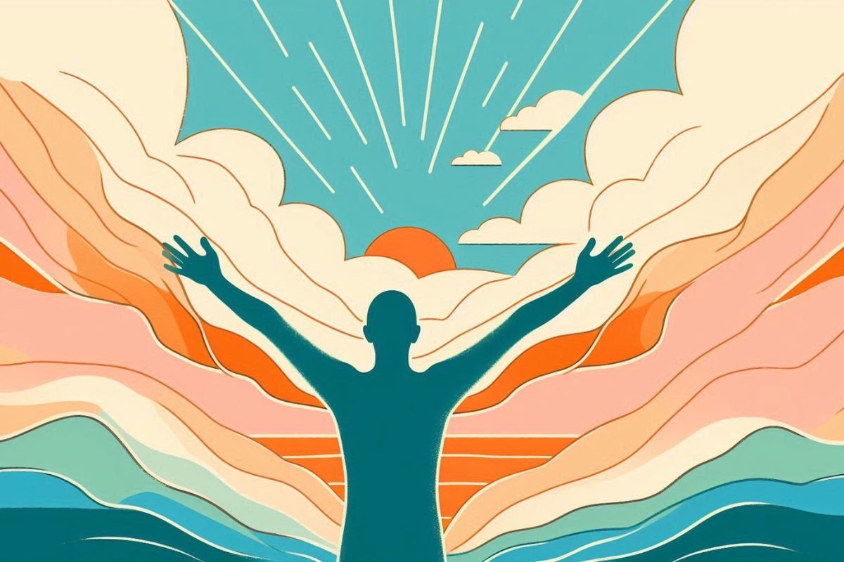 Breaking Free into Light A silhouette of a person standing with arms raised, embracing a vibrant, multi-coloured sky as the sun rises, symbolizing personal growth, freedom, and inner awakening.