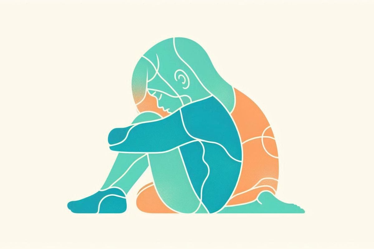 Childhood Trauma in Silence A simplified, abstract outline of a person sitting curled up with their knees to their chest, in an expression of sadness or emotional distress, drawn in soothing blue and orange tones.