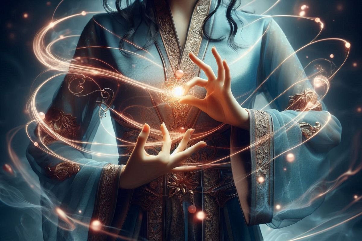 Person in traditional attire manipulating flowing energy with hands, surrounded by swirling light trails.