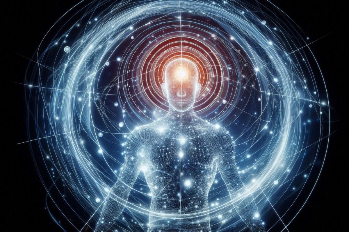 Human figure surrounded by vibrant electromagnetic waves radiating from the head, creating a visual representation of mental energy.