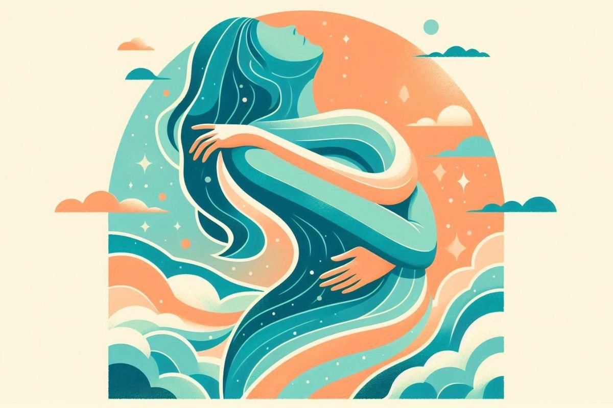 Embracing Growth A serene figure of a woman embracing herself as she rises within a surreal landscape of swirling clouds and soft lights, symbolizing self-love, healing, and personal growth.