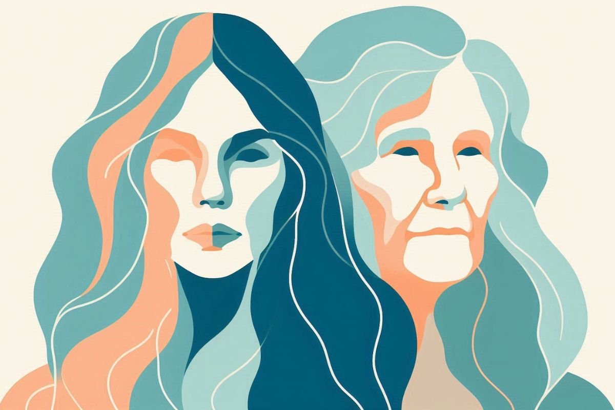 Generational Connection: The Passage of Time Abstract illustration of a young and elderly woman, symbolising generational connection.