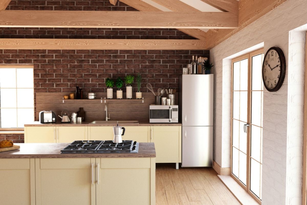 Rustic kitchen with exposed wooden beams, brick walls, and modern appliances, blending natural and contemporary elements.