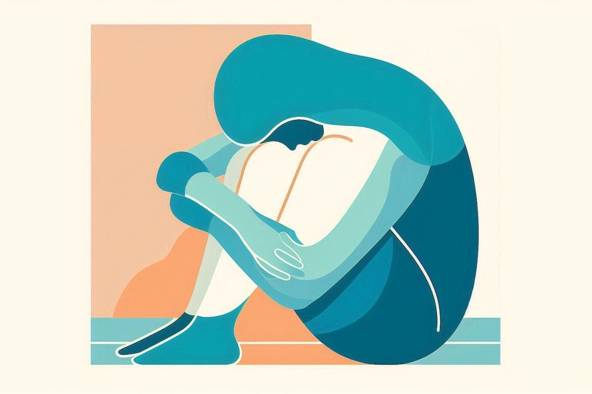 Embrace of Isolation Abstract figure hugging their knees, symbolising loneliness and isolation.