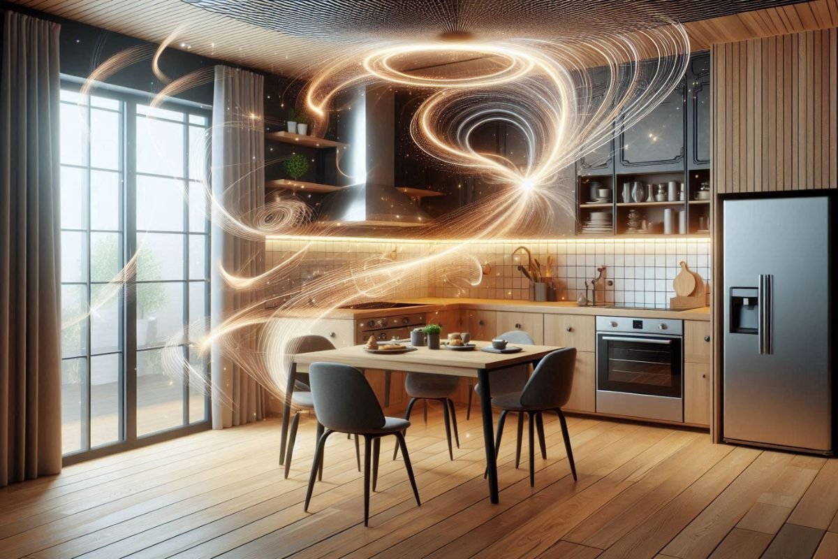 Modern kitchen with swirling golden light energy flow.