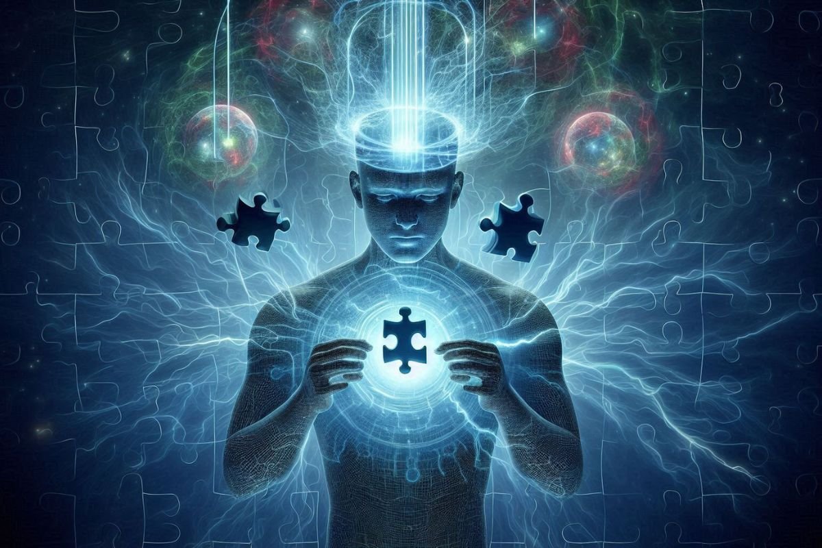 A futuristic illustration of a human holding a puzzle piece, with missing elements in their biofield represented by puzzle pieces floating around.