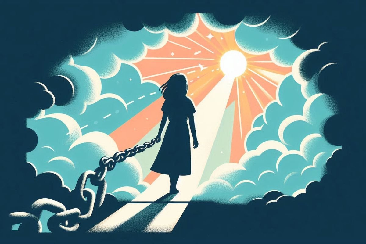 Breaking Free from Chains A silhouetted figure stands holding a broken chain, facing a bright, radiant sun cutting through a cloudy sky.