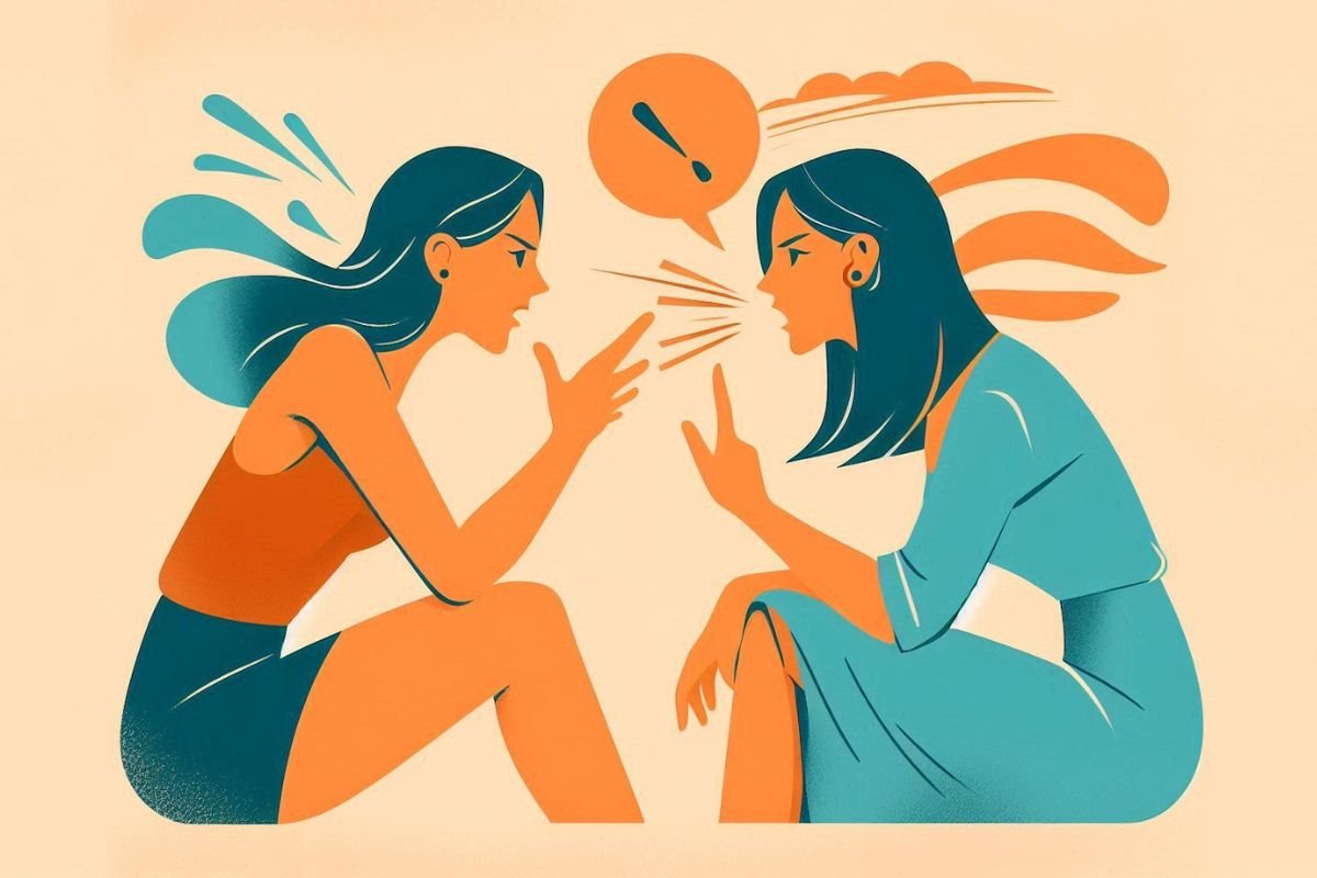 Aggressive Projection Two women sit facing each other in a heated argument, with exaggerated gestures and sharp expressions.