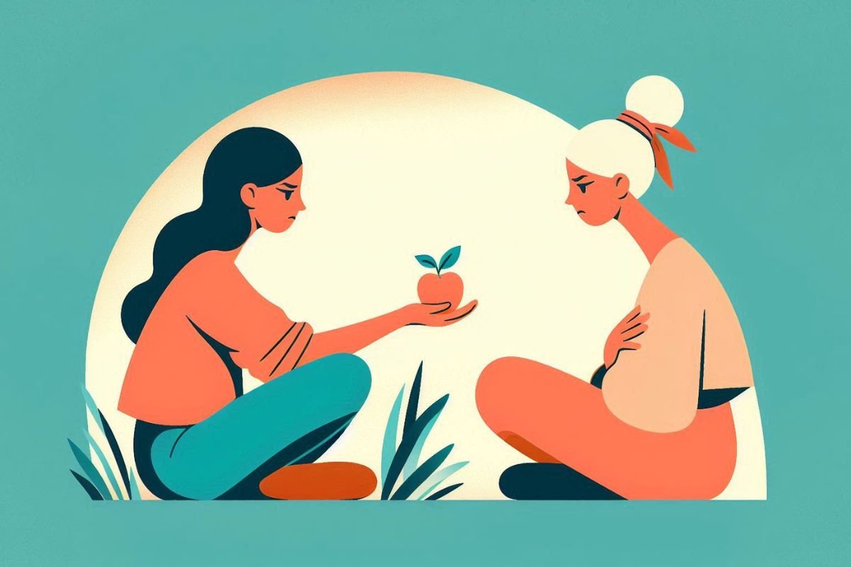 Defensive Projection Two women sitting face-to-face. One offers an apple, while the other looks defensive.