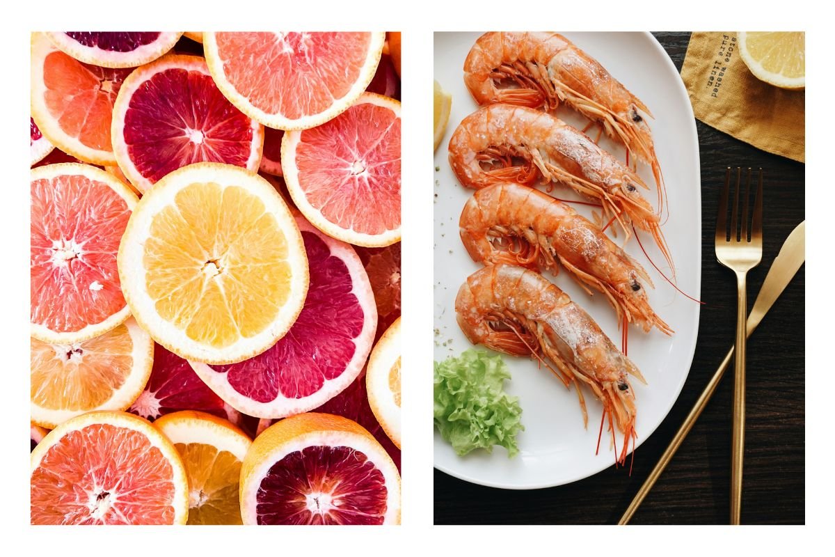 Vibrant Citrus and Succulent Shrimp A collage of colourful citrus fruits on the left and a plate of cooked shrimp with salad on the right.