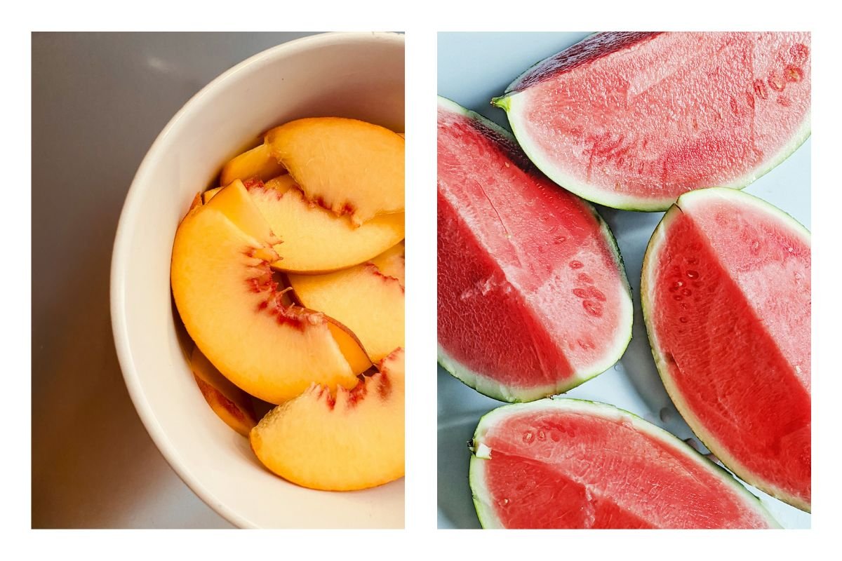Peaches and Watermelon Wedges Sliced peaches in a white bowl beside juicy watermelon wedges.