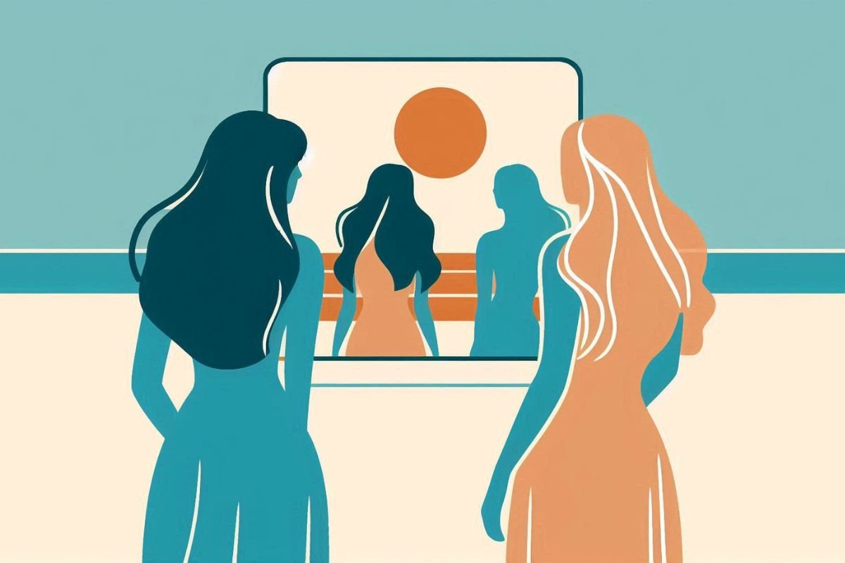 Reflection of True Self Two women standing in front of a mirror, each reflecting their backs, with an orange sun in the reflection.