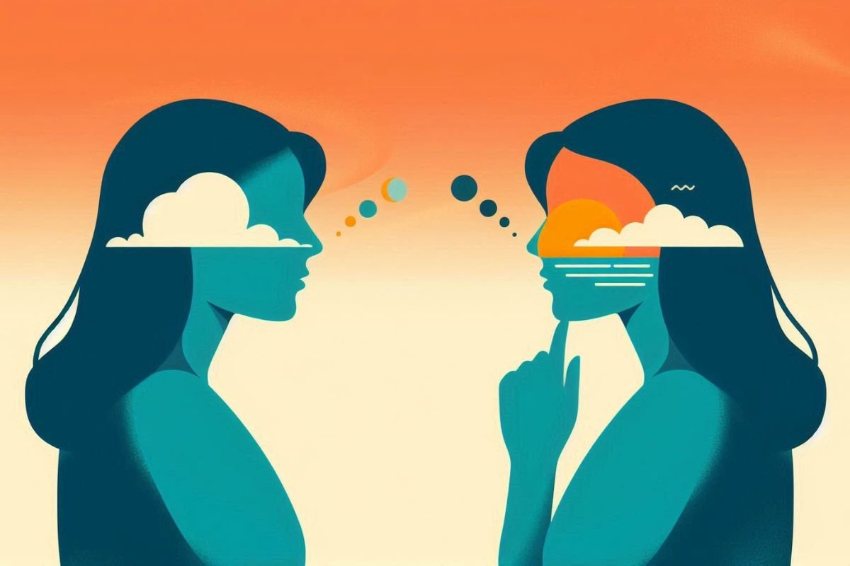 Uncertain Intentions Two women facing each other, each with clouded visions, uncertain of what the other person is truly thinking.