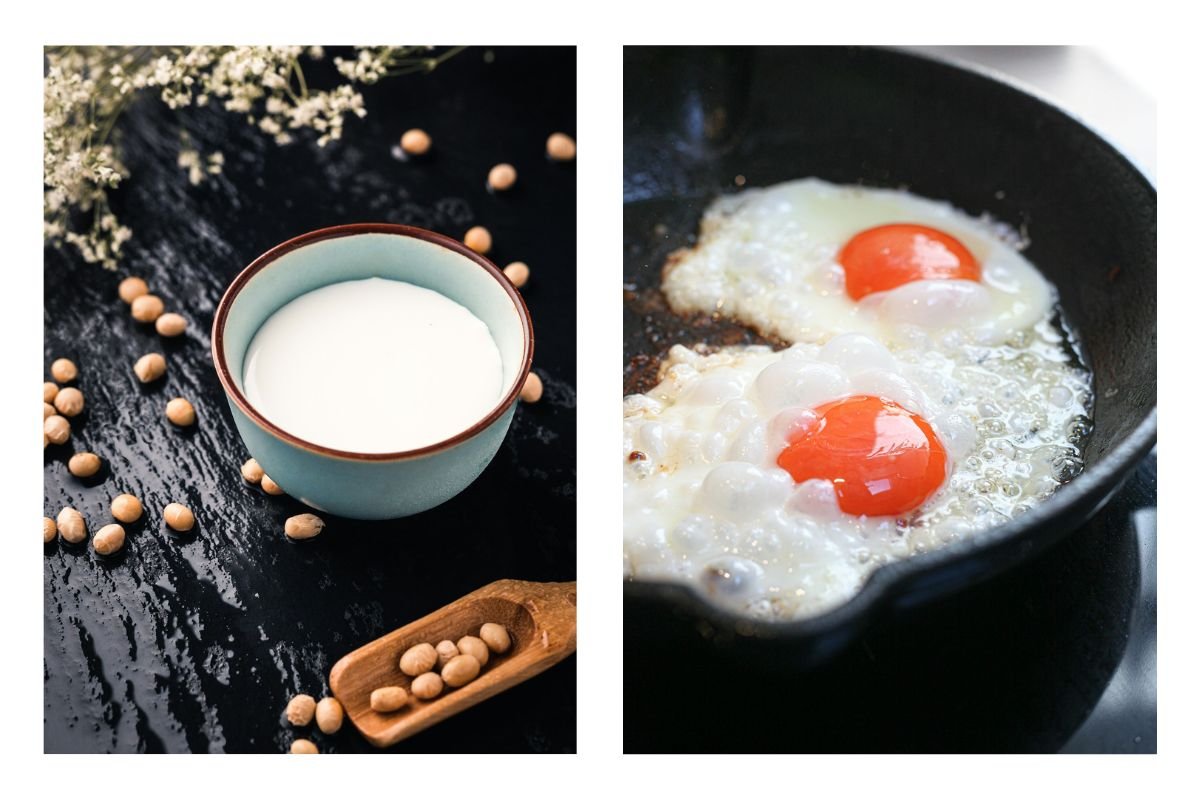 Soy Milk and Fried Eggs A bowl of soy milk with soybeans scattered around and two eggs frying in a pan.