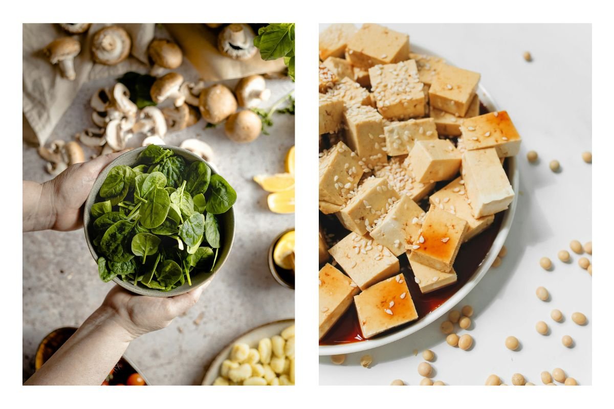Spinach and Tofu Fresh spinach leaves in a bowl and tofu cubes sprinkled with sesame seeds on a plate.