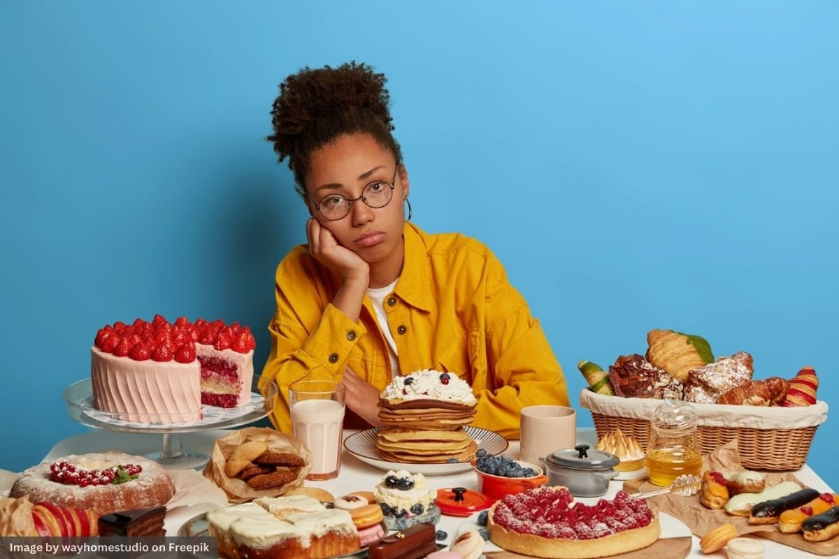 A young woman looking sad as she sits at a table filled with cakes, pastries, and bread, reflecting on the effects of too much sugar on the body.