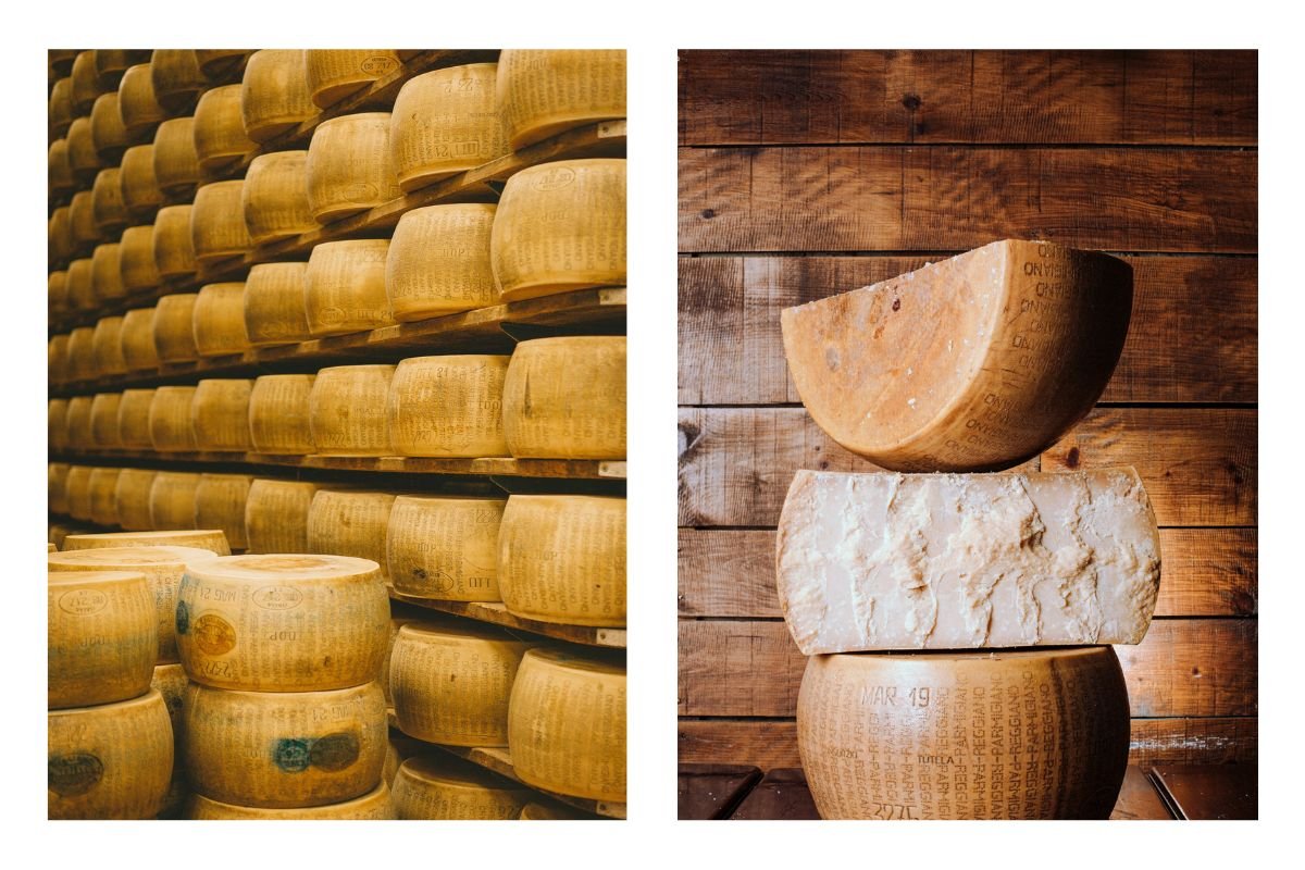 Authentic Parmigiano-Reggiano Cheese: A Glimpse into Tradition and Craftsmanship Whole and cut-open wheels of Parmigiano-Reggiano cheese stacked in a traditional cheese-aging room.