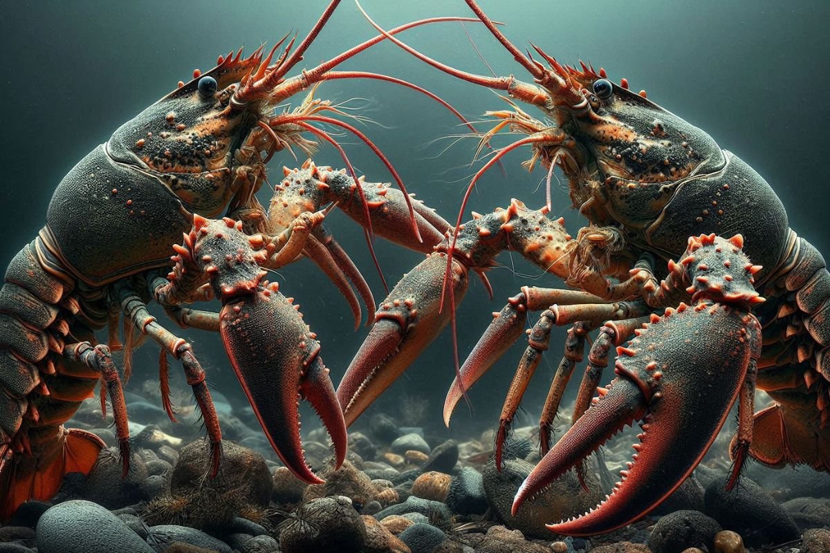 Duel of the Lobsters: A Showdown Underwater Two lobsters facing each other underwater with raised claws in a dynamic pose, displaying their large pincers and detailed textures.
