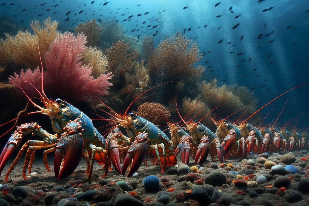 March of the Lobsters: A Procession Through the Coral A line of lobsters walking along the ocean floor, surrounded by colourful corals and fish in the background.