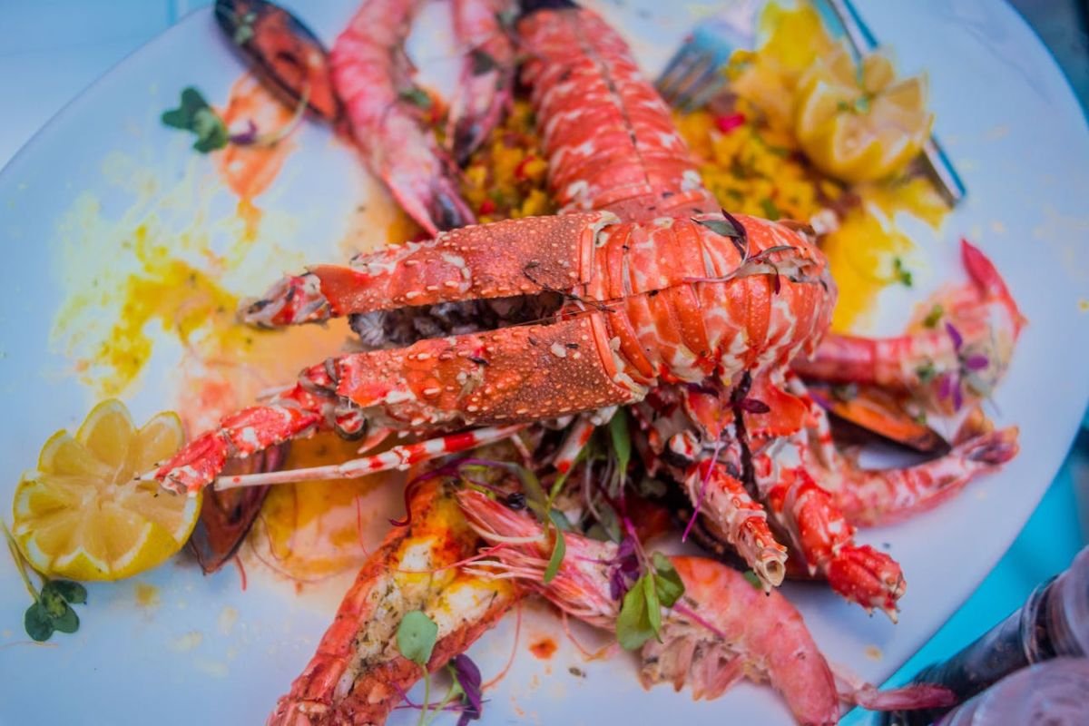 Gourmet Cooked Lobster on a Plate Cooked lobster served on a white plate, garnished with fresh herbs.