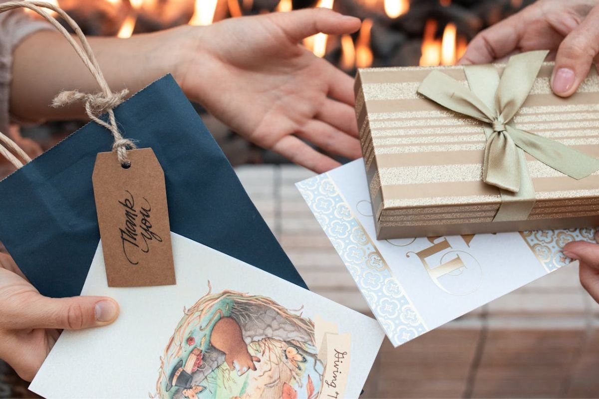 Gift Exchange: The Principle of Reciprocity in Action Two individuals exchanging neatly wrapped gifts, representing the principle of reciprocity in social interactions.