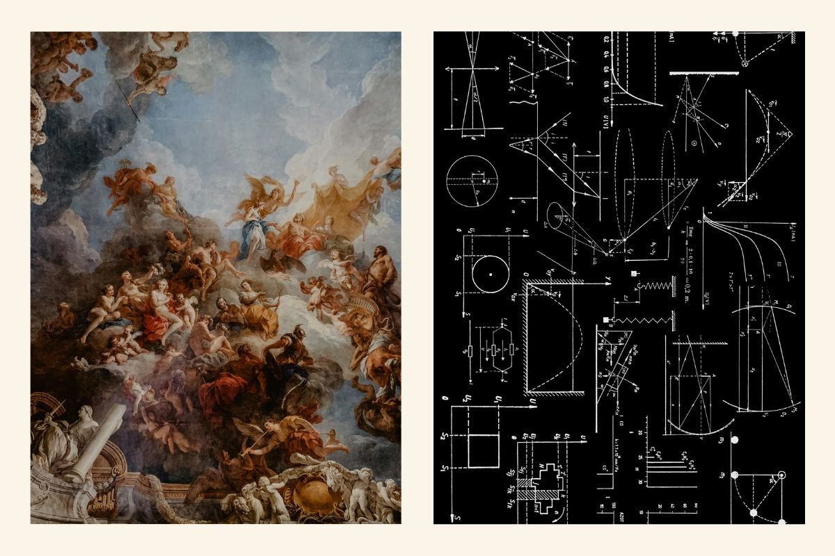 Art vs. Science: Alcohol’s Influence on Creativity and Logic A juxtaposition of a classical art painting and technical scientific diagrams, symbolising the cognitive divergence between artistic creativity and scientific reasoning.