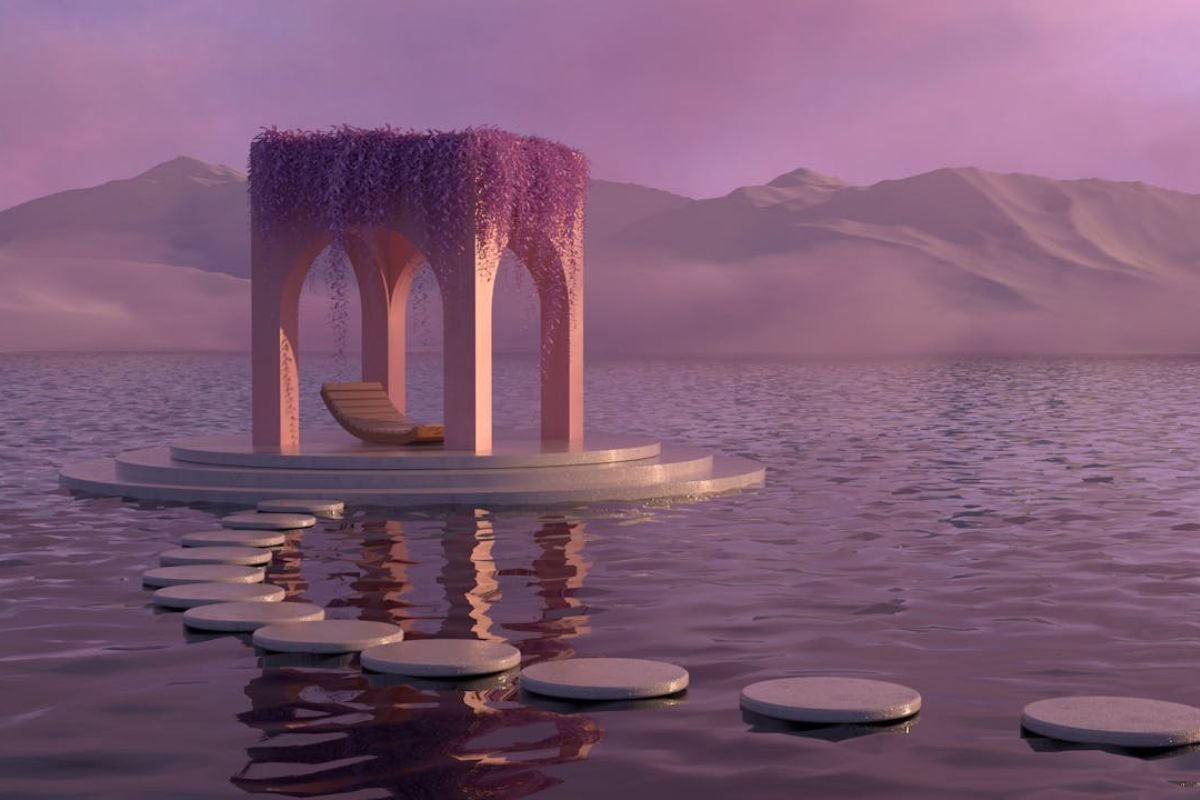 Stepping Stones to Growth: A Pavilion in the Sea A serene path of stepping stones leading to a pavilion in the sea, symbolising challenges as stepping stones to growth and wisdom.