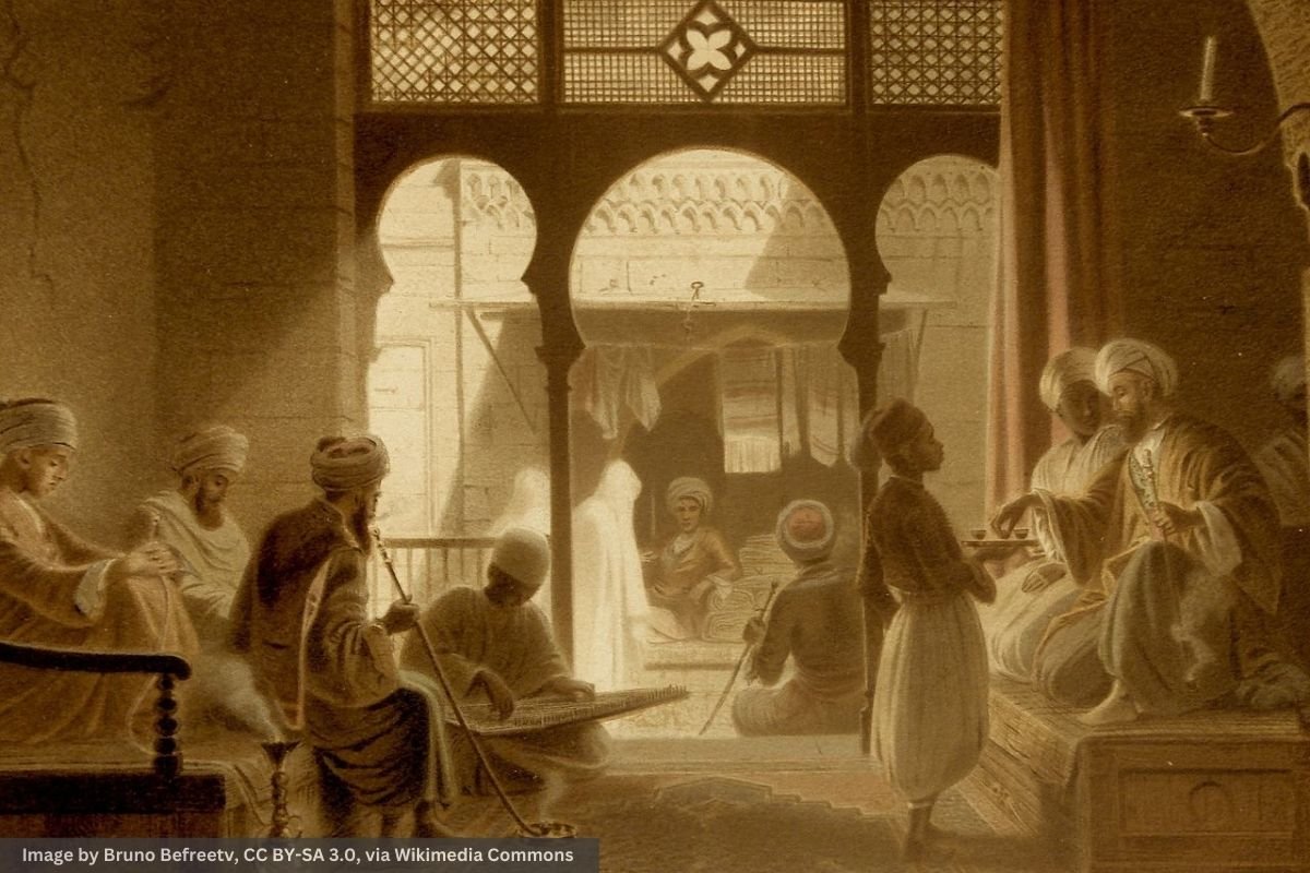 Social Life in an 18th-Century Cairo Coffeehouse A vibrant 18th-century coffee scene in Cairo, showcasing people socialising and enjoying coffee in a traditional café setting.