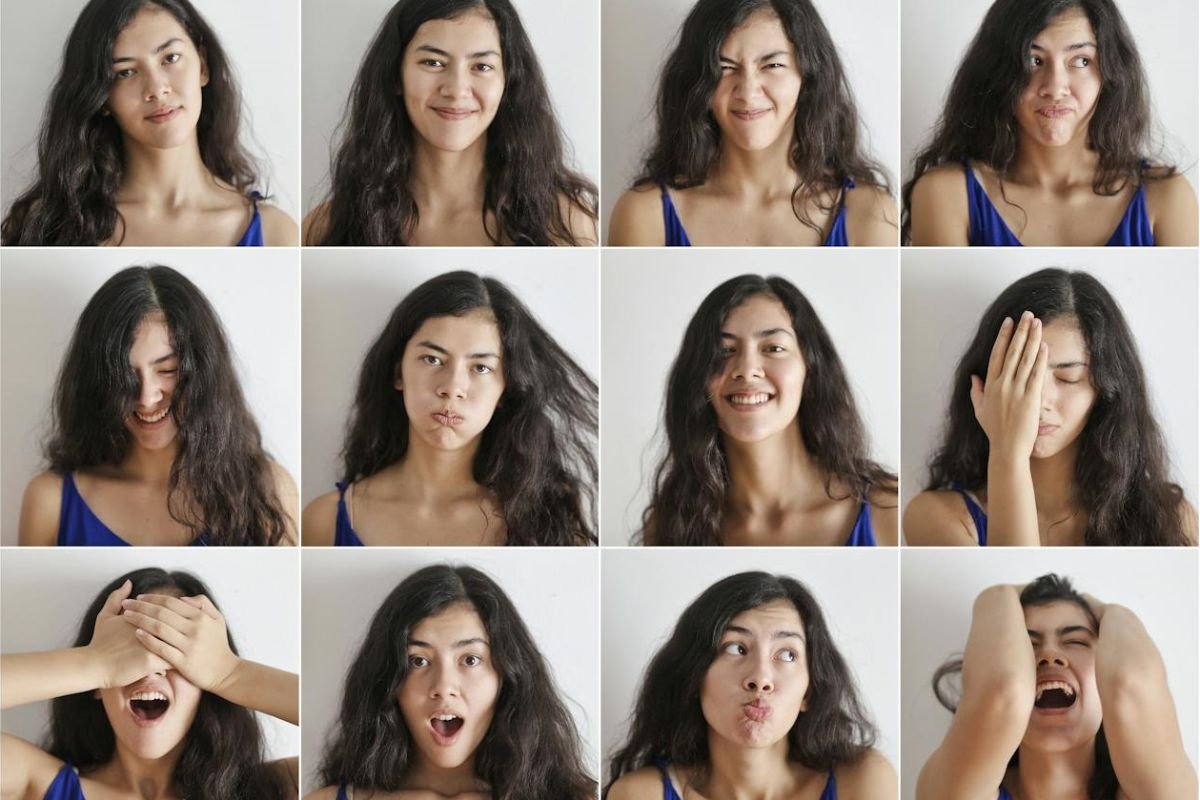 A collage showcasing a woman’s varied expressions and body language, emphasising the importance of observing behavioural clusters for accurate interpretation.