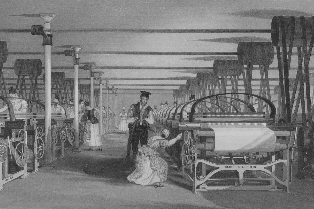 Power Loom Weaving in 1835: The Industrial Revolution at Work A detailed depiction of power loom weaving in 1835, symbolising the rapid technological advances of the Industrial Revolution.