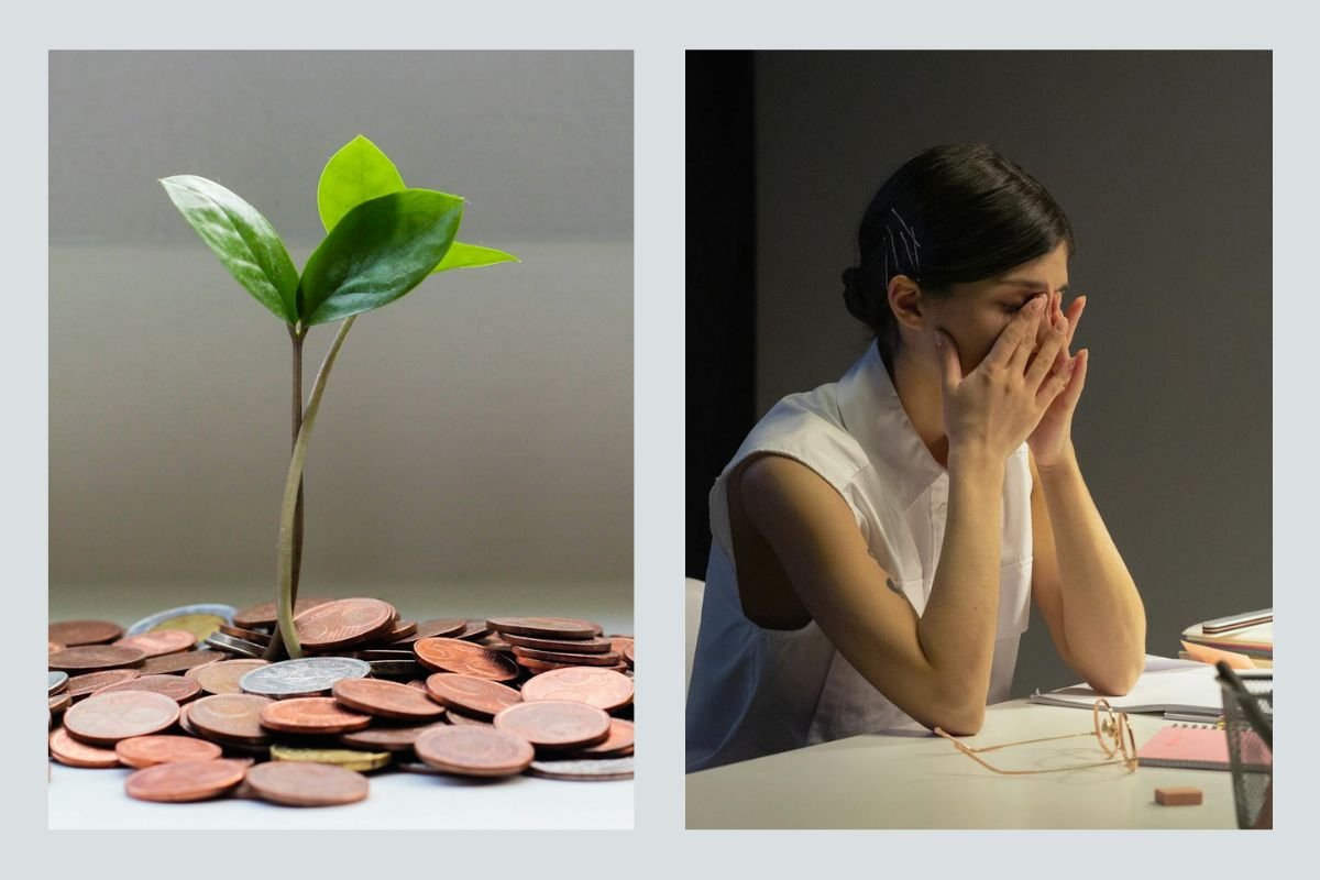 A plant thriving on coins, representing smart financial growth, contrasted with a stressed professional, illustrating the struggle of working for money instead of building wealth.