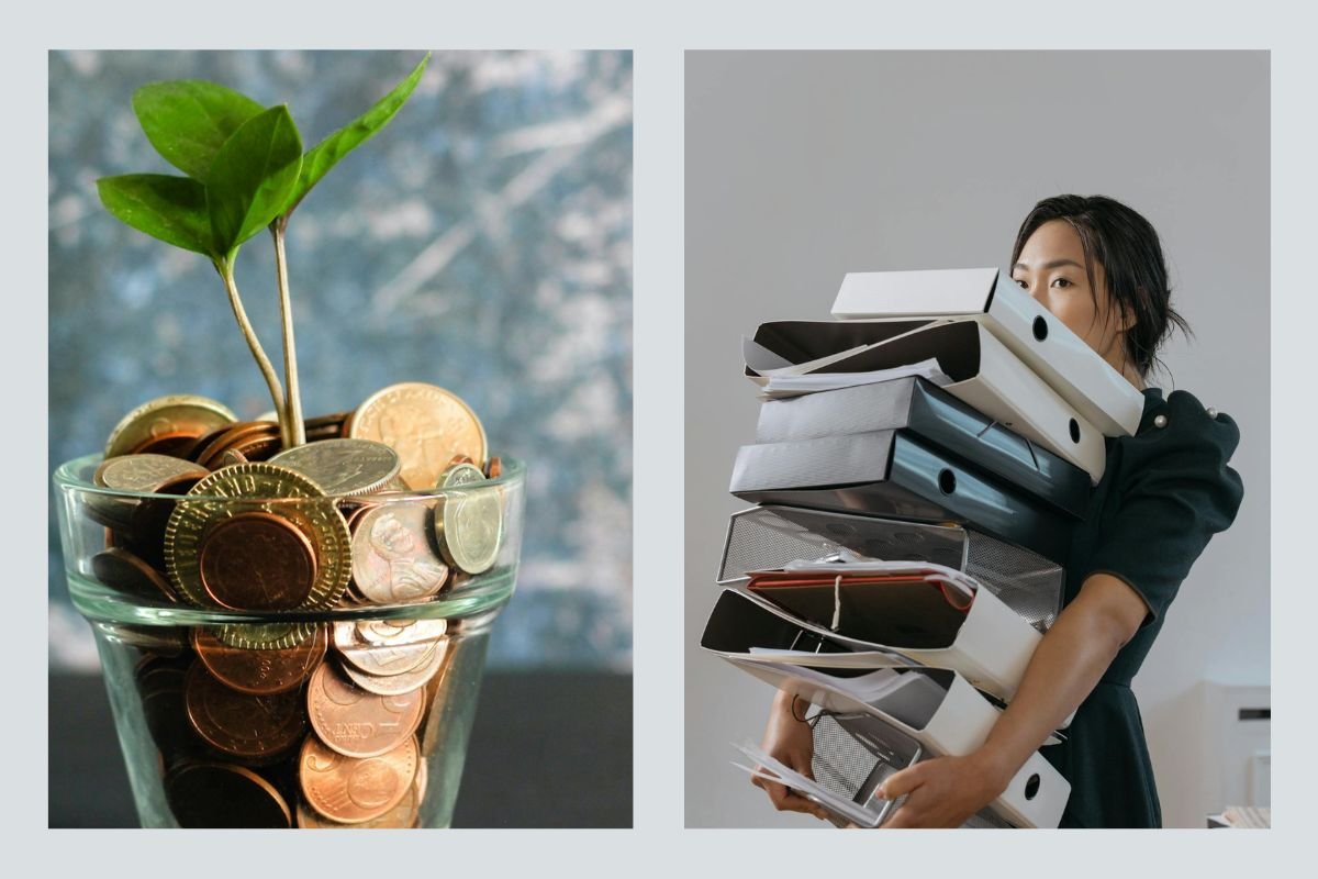 A plant growing from money symbolises wealth-building, contrasted with a woman overwhelmed by work, depicting the struggle of working hard vs. working smart.