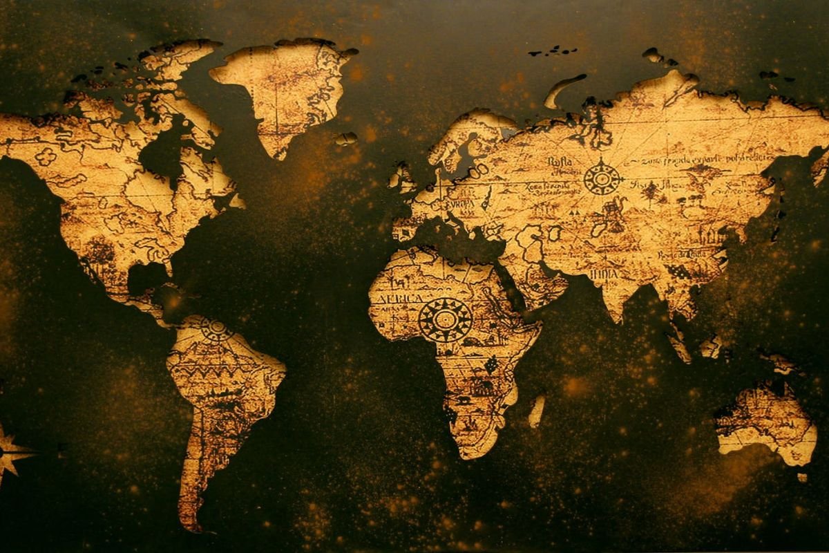 Vintage World Map Illustration with Detailed Geographical Markings A vintage-style world map illustration with detailed geographical markings and earthy tones.