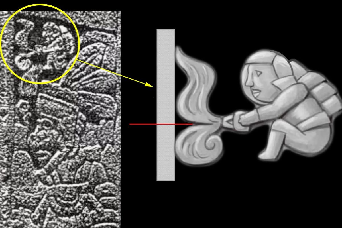 Stone carving from Tula ruins showing Atlantean warrior with tool-like object, possibly water-powered, reinterpreted as ancient technology.