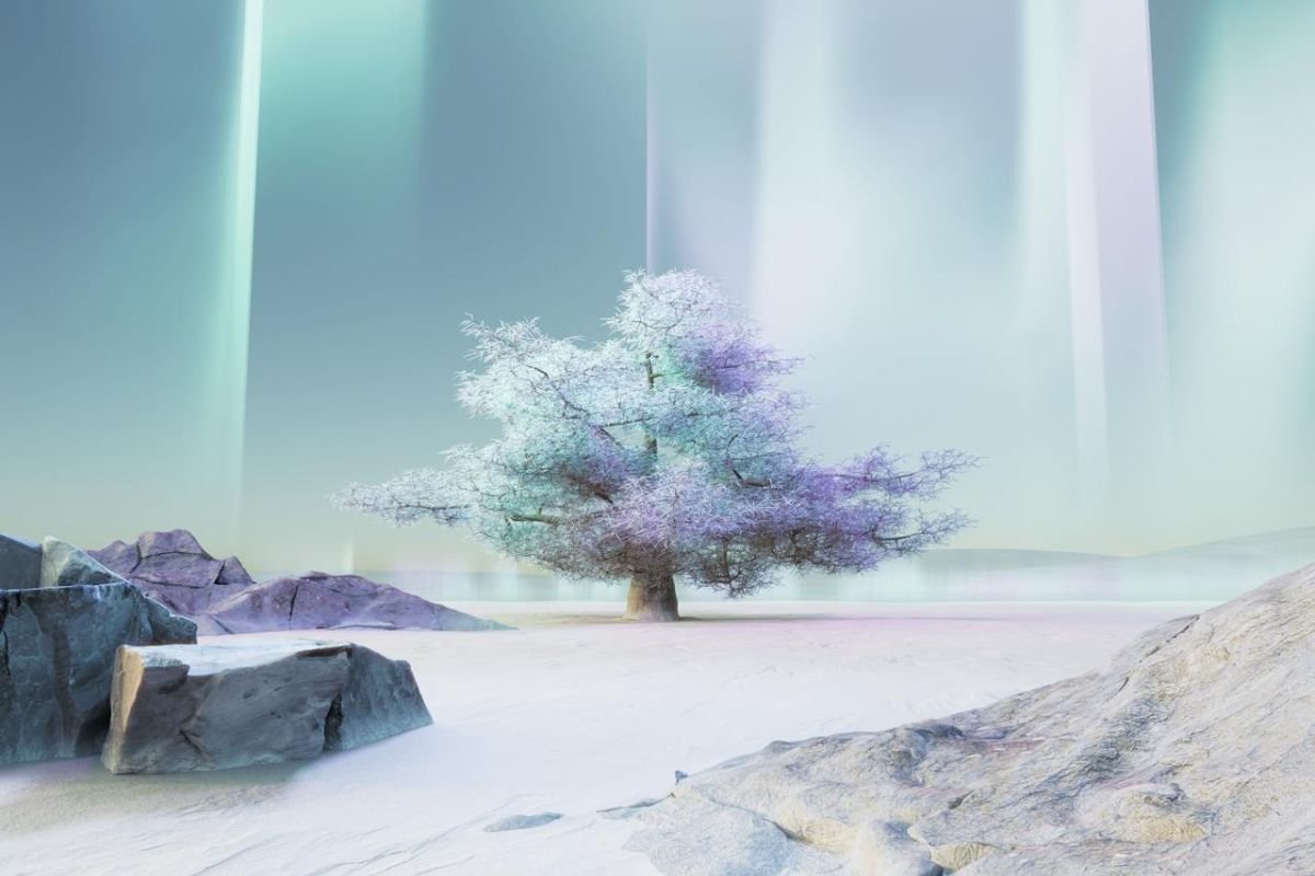 Glowing pastel tree beneath northern lights in a surreal dreamscape