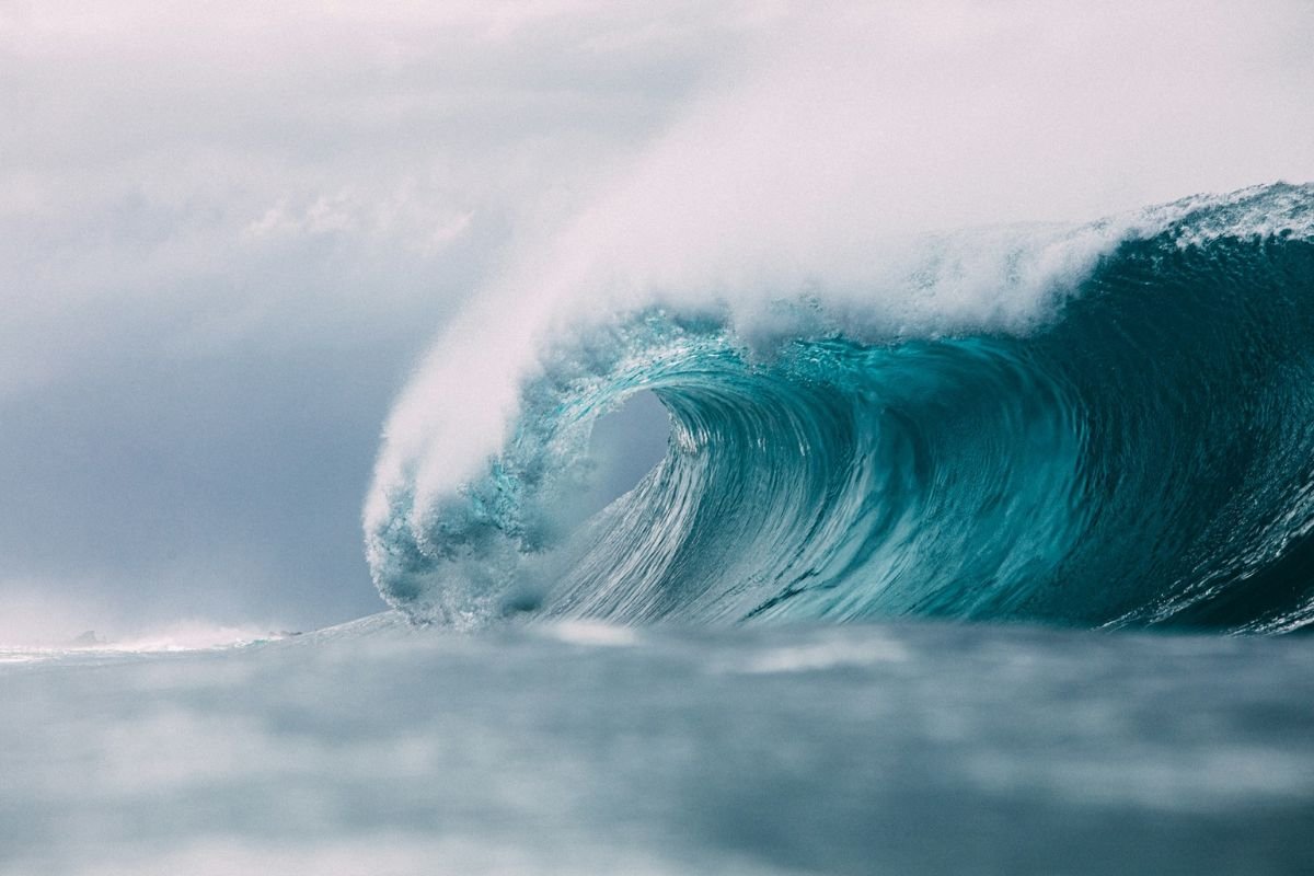 Powerful ocean wave with white foam cresting against a deep blue sea.