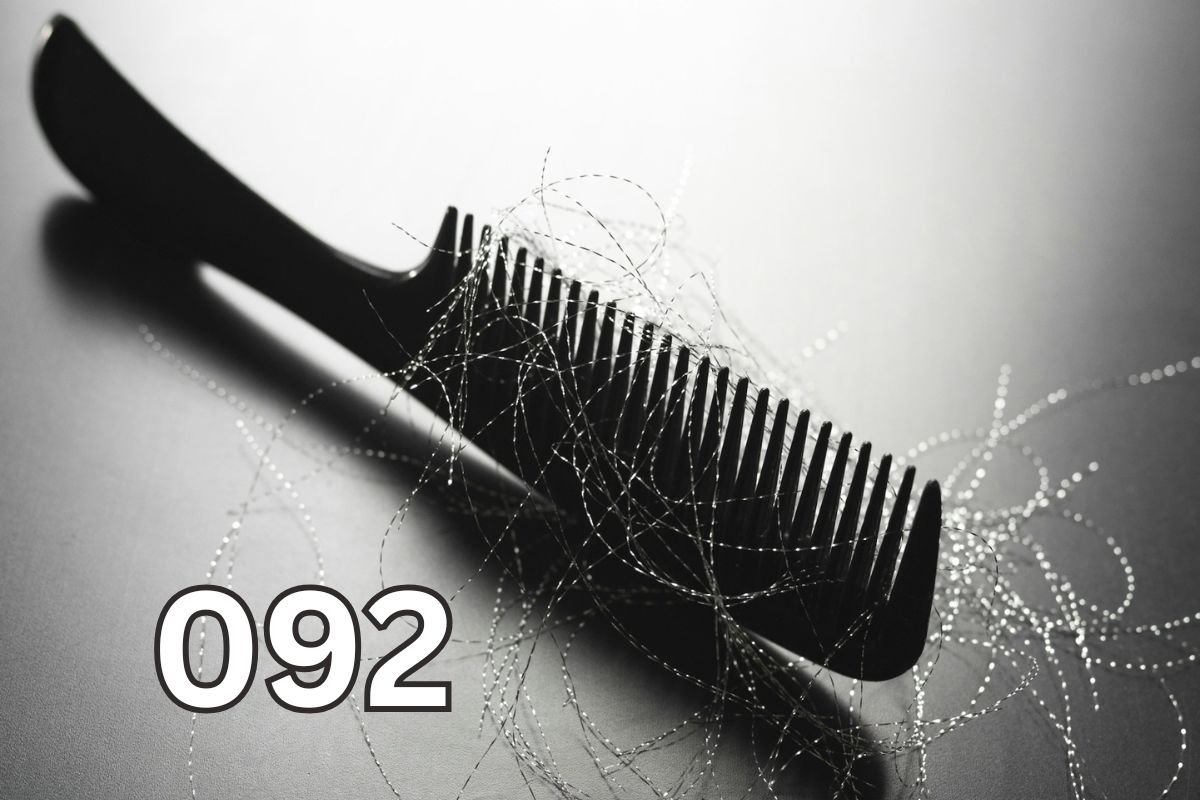 Black comb with strands of shed hair illustrating hair loss causes, thinning hair, and overall scalp and health concerns.