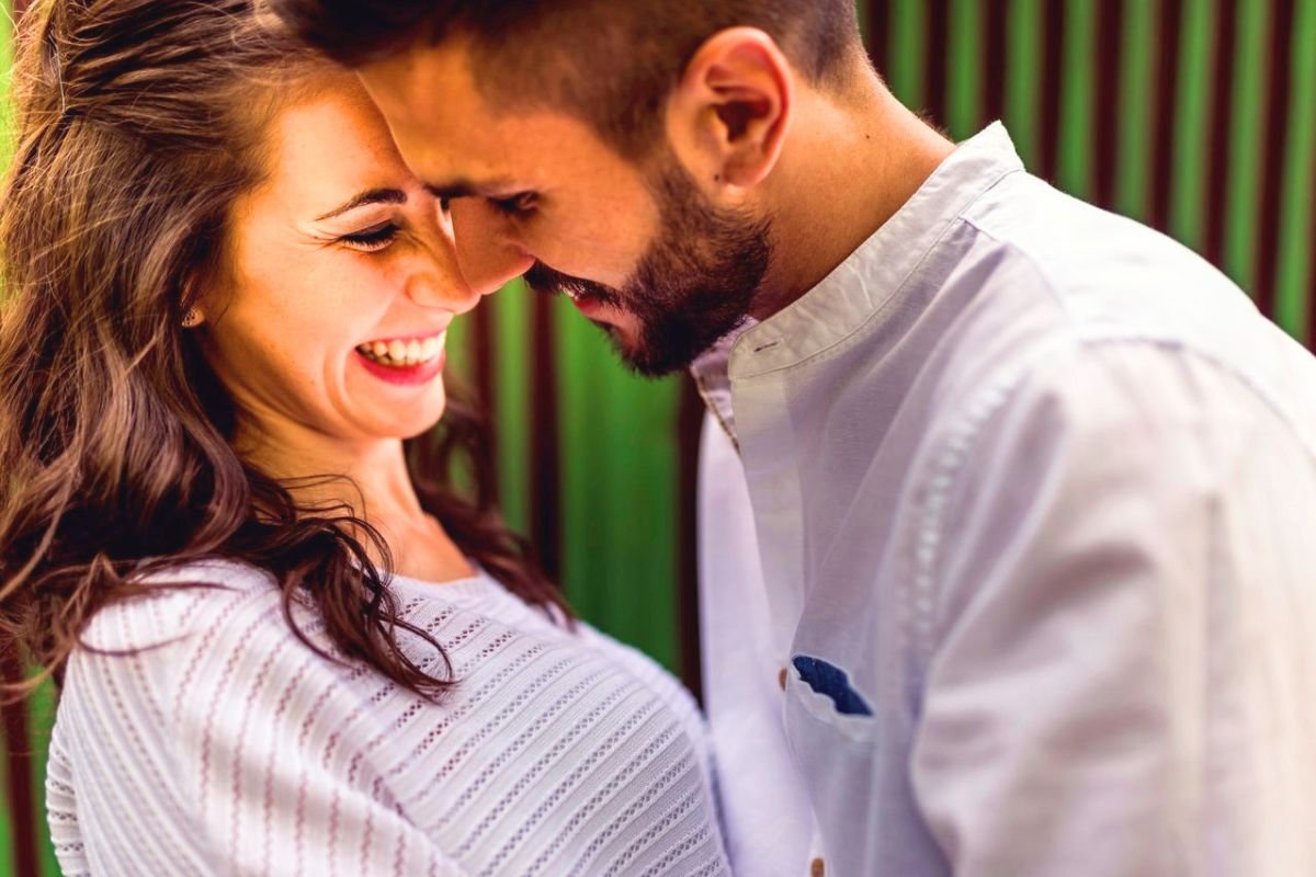 Happy couple looking at each other with warmth and affection